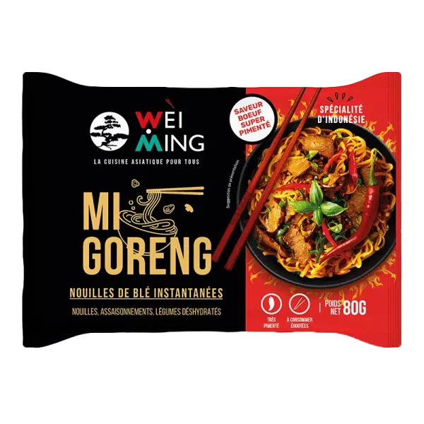 3275760002756 NOUILLES MI GORENG AU BŒUF SUPER PIMENTEE WEI MING SACHET 80G- PCB 40