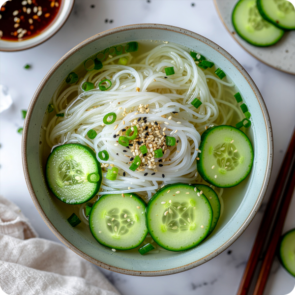 Soupe froide de concombre et nouilles fines au sésame